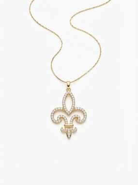 Vintage FAC Gold & Crystal Pave Fleur-De-Lis Pendant Necklace